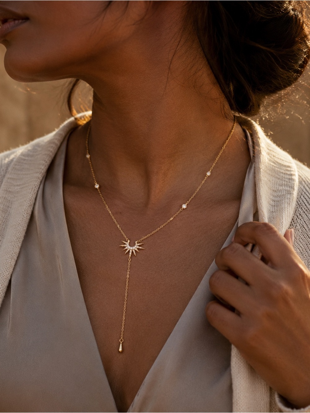 Gold Tone Sunburst Crystal Y Drop Lariat Necklace